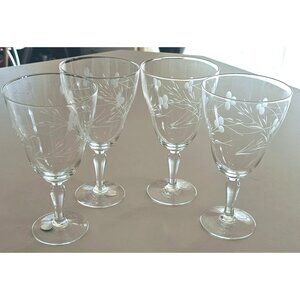 4 Pandora Etched Coupe Water Glasses 6.25" wine glassware c1950s Japan stemware